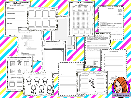 New Year Activity Pack a fun pack for your classroom 14 activities for your children to complete Poem worksheet, Comic Strip, Comparative and superlative worksheet, Comparing this year to last Crossword puzzle Draw your year, Goal setting, Letter to future me, Movie poster, Spelling sheet, Top moments, Wordsearch, Write a diary entry, Write a book blurb. #newyear #classroom #planning #lessons #festive #learning #spelling #resources #teaching #lessonplans #holidays #grammar #backtoschool