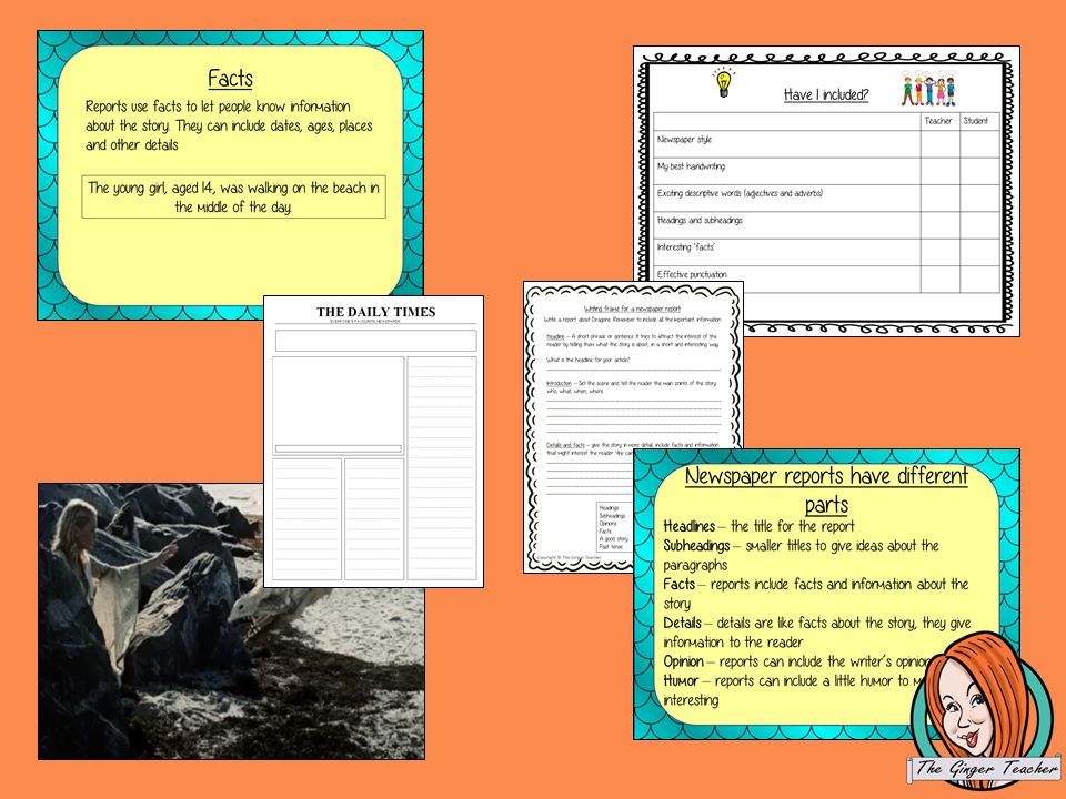 Complete Lesson on Writing Newspaper Reports on Dragons This download includes a complete, report writing lesson on dragons. The lesson focuses on how to write newspaper reports, detailed PowerPoint to ensure understanding of elements of newspaper reports. The class will write a report then the children plan and write their own using the writing frame and success criteria for confidence when writing independently #lessonplans #teachingideas #readingactivities #newspaperreports #reports