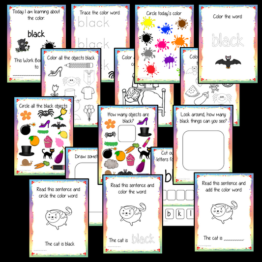 Color ‘Black’ 16 Page Workbook Help your children practice recognizing and writing the color black, with 16 pages of activities to select and color. The 16 pages contain, object coloring, tracing, spelling the color word and picking out the black objects.