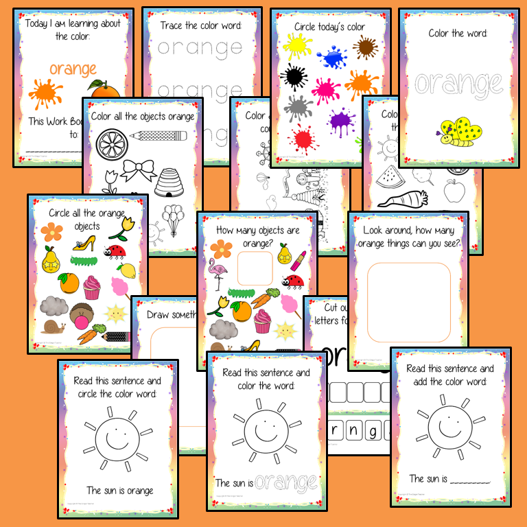 Color ‘Orange’ 16 Page Workbook Help your children practice recognizing and writing the color orange, with 16 pages of activities to select and color. The 16 pages contain, object coloring, tracing, spelling the color word and picking out the orange objects.