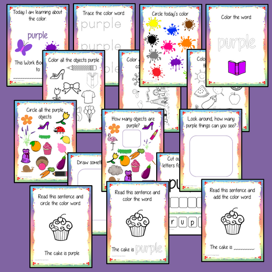 Color ‘Purple’ 16 Page Workbook Help your children practice recognizing and writing the color purple, with 16 pages of activities to select and color. The 16 pages contain, object coloring, tracing, spelling the color word and picking out the purple objects.