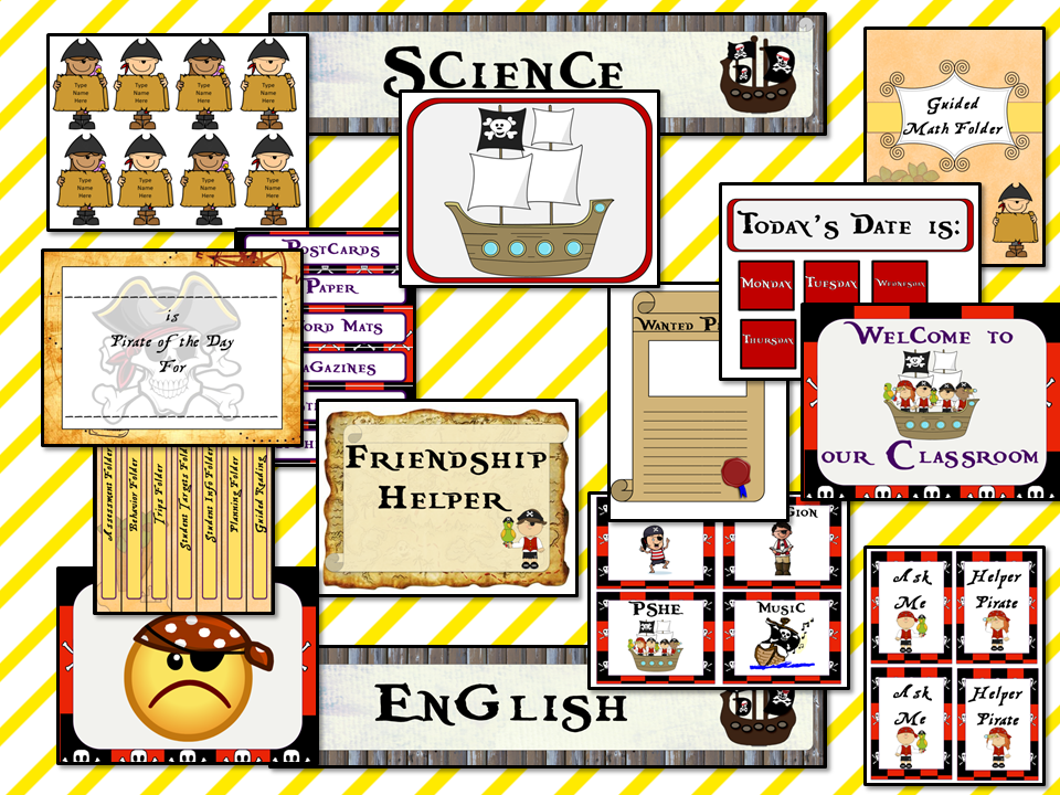 Complete Pirate Themed Classroom Bundle This download includes more than 140 printables for a fun pirate themed classroom. These are great for kids and teachers. This download includes: - Banners - Labels - Timetables - Calendars - Lanyards - Lettering - Signs - And much more! #backtoschool #classroomthemes #teachingideas #pirateclassroom
