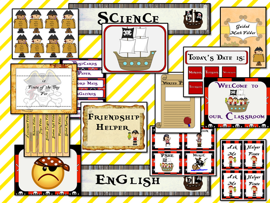 Complete Pirate Themed Classroom Bundle This download includes more than 140 printables for a fun pirate themed classroom. These are great for kids and teachers. This download includes: - Banners - Labels - Timetables - Calendars - Lanyards - Lettering - Signs - And much more! #backtoschool #classroomthemes #teachingideas #pirateclassroom