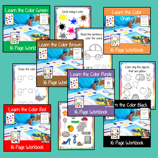 Color Workbook Bundle 10 different color workbooks to help your children practice recognizing and writing the colors, with 15 pages of activities in each book, to select and color. The 15 pages contain, object coloring, tracing, spelling the color word and picking out the colored objects.