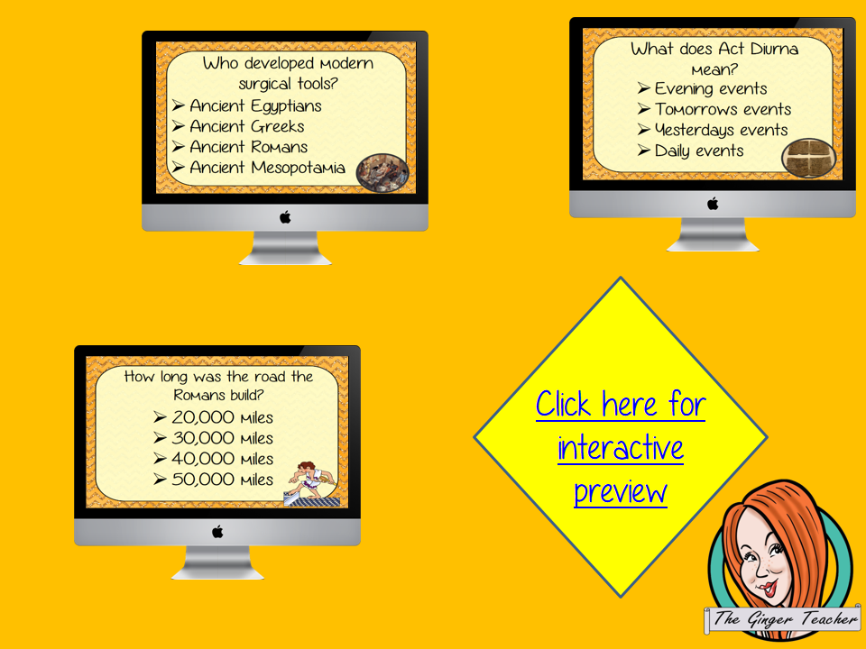 Ancient Roman Inventions Revision Questions This deck revises children’s knowledge of Ancient Roman Inventions. There are multiple choice revision questions to check children’s understanding. These question cards are self-grading and lots of fun!