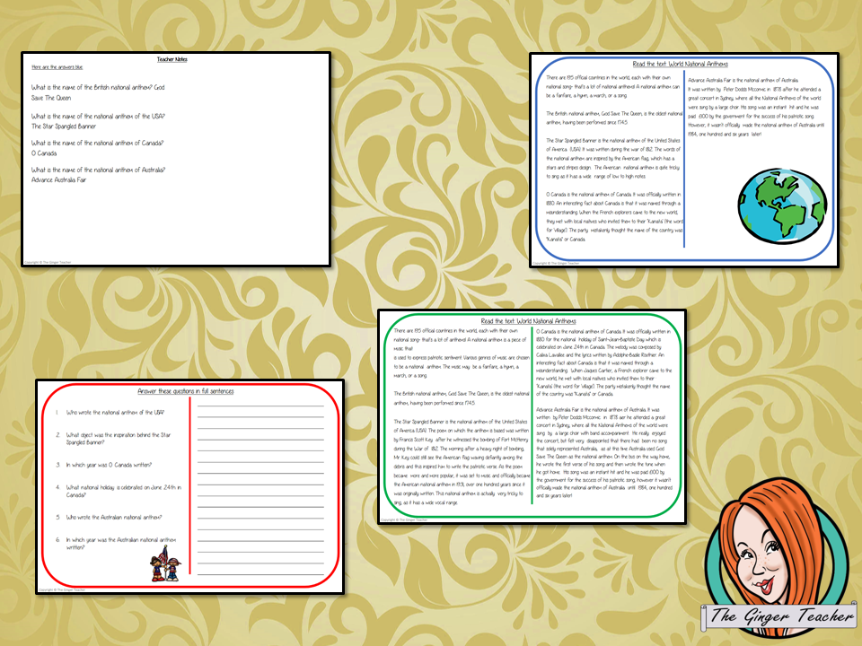 World National Anthem Reading Comprehension Cards  Differentiated reading comprehension cards. Three levels of texts and questions to help children with reading comprehension. This text is on World National Anthem and has questions to help children understand and draw meaning from the text.