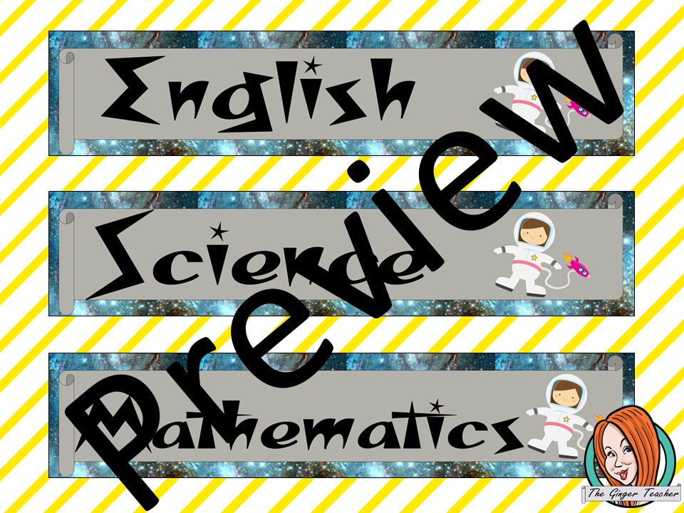 Outer Space Themed Classroom Banners This download includes 3 fun space themed subject banners: English, Science and Mathematics (includes Math, Maths and Mathematics). These are great to complete your outer space themed classroom. #classroomthemes #teachingideas #spaceclassroom