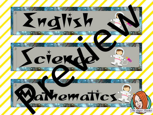 Outer Space Themed Classroom Banners This download includes 3 fun space themed subject banners: English, Science and Mathematics (includes Math, Maths and Mathematics). These are great to complete your outer space themed classroom. #classroomthemes #teachingideas #spaceclassroom