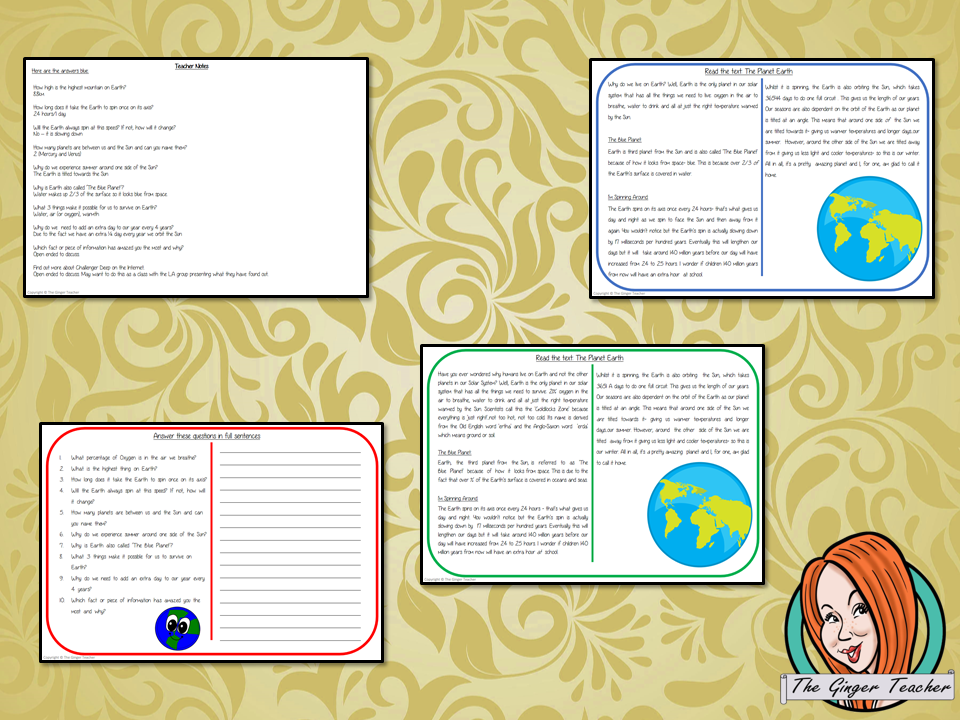 The Planet Earth Reading Comprehension Cards Differentiated reading comprehension cards. Three levels of texts and questions to help children with reading comprehension. This text is on The Planet Earth and has questions to help children understand and draw meaning from the text.