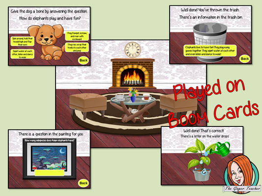 Elephants Escape Room Boom Cards Escape the room! Learn about and practice Elephants information with this fun digital escape room. Children will need to explore the room answering questions and solving puzzles and collecting information to escape.