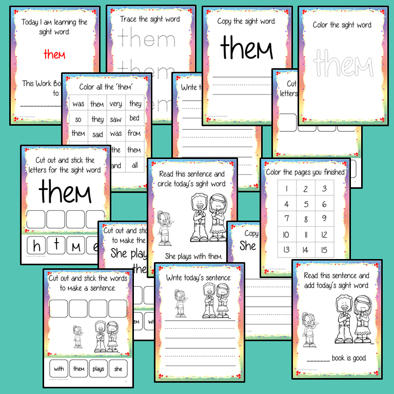 Sight word ‘them’ 15 page workbook. Contains pages to learn the fry sight word ‘them’, for learning the high frequency words. Contains handwriting practice, word practice, spelling and use in sentences. #sightwords # frywords #highfrequencywords