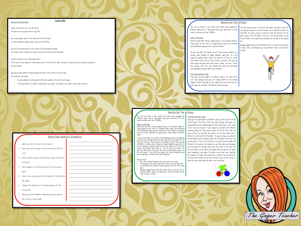 Tour de France Reading Comprehension Cards  Differentiated reading comprehension cards. Three levels of texts and questions to help children with reading comprehension. This text is on Tour de France and has questions to help children understand and draw meaning from the text.