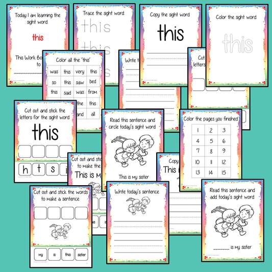 Sight word ‘this’ 15 page workbook. Contains pages to learn the fry sight word ‘this’, for learning the high frequency words. Contains handwriting practice, word practice, spelling and use in sentences. #sightwords # frywords #highfrequencywords
