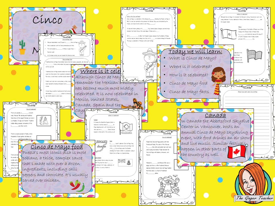 Cinco de Mayo PowerPoint and Worksheets teach children about the festival of in one complete lesson. Detailed 26 slide PowerPoint on the celebrations fun traditional facts details about how it is celebrated, information about the food that is eaten and a look at the different parts of the world that celebrate. Differentiated 8 page worksheets so students demonstrate understanding, great for teaching kids all about this Mexican celebration in your classroom. #teaching #cincodemayo