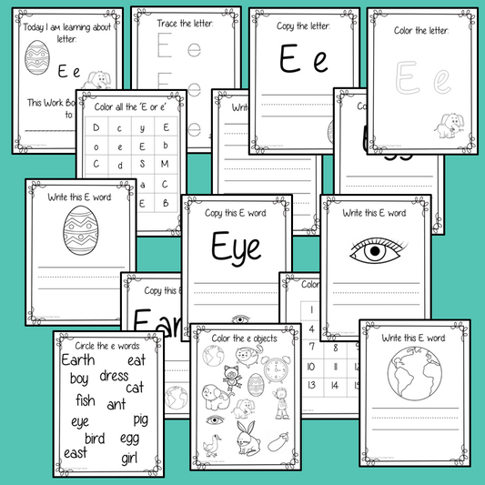 Alphabet Book Letter E Help your children practice recognizing and using E, with 15 pages of activities. The 15 pages contain, copying, tracing, writing, coloring, reading and spotting the letter and sound E