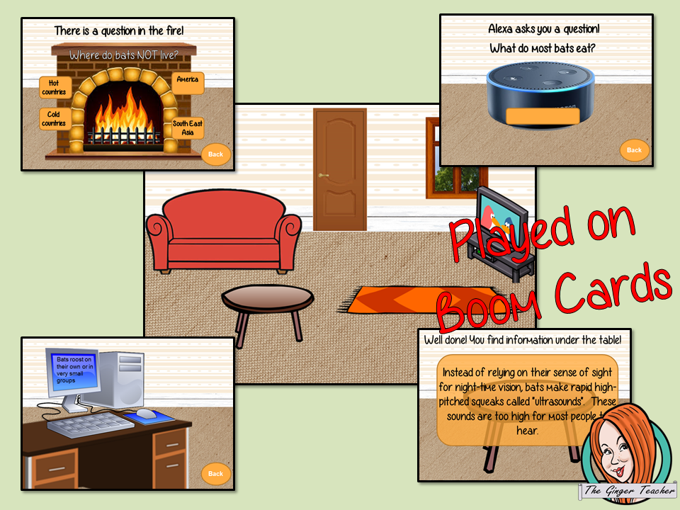 Bats Escape Room Boom Cards Escape the room! Learn about and practice bat information with this fun digital escape room. Children will need to explore the room answering questions and solving puzzles and collecting information to escape.