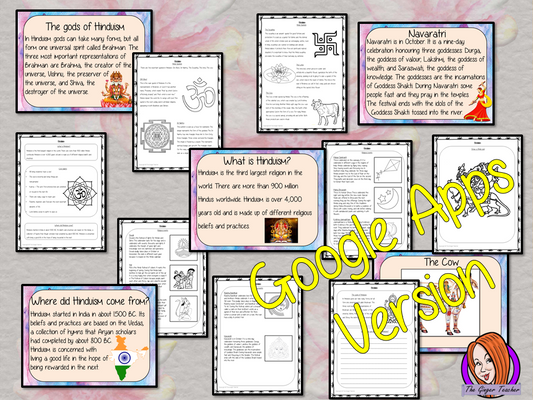 Distance Learning Hinduism Google slides Lesson Let’s learn about Hinduism! This lesson teaches children about the religion of Hinduism. There is a detailed 35 slide presentation on the gods, beliefs, history, symbols and religious events. There are also differentiated, 8 page, Google Slides worksheets to allow children to demonstrate their understanding. This is the Google Slides version of this lesson!