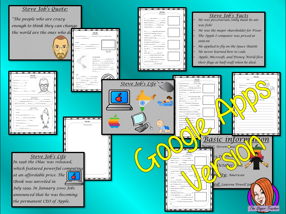 Distance Learning Scientists and Inventors, Steve Jobs Google Slides Lesson From my Scientists and Inventors resources collection – Let’s learn about Steve Jobs This lesson teaches children about Steve Jobs. There is a detailed 40 slide presentation on his life, achievements and facts about him. There are also differentiated, 7 page, Google Slides worksheets to allow children to demonstrate their understanding. This is the Google Slides version of this lesson!