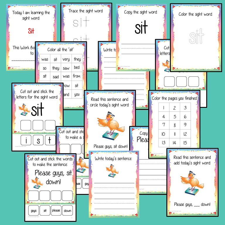 Sight Word ‘Sit’ 15 Page Workbook Help your children practice their sight words with 15 pages of activities to spell and use the sight word ‘Sit’ in sentences. The 15 pages contain, handwriting practice, tracing and spelling the word and sentence reading and construction.