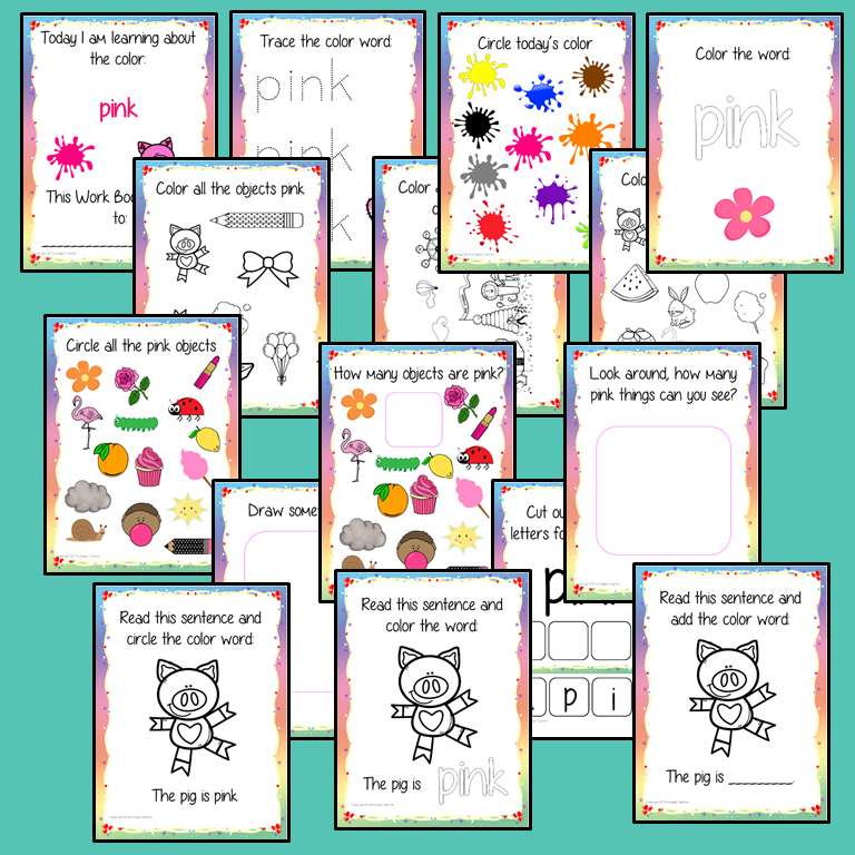 Color ‘Pink’ 16 Page Workbook Help your children practice recognizing and writing the color pink, with 15 pages of activities to select and color. The 15 pages contain, object coloring, tracing, spelling the color word and picking out the pink objects. #learncolors #teachcolors