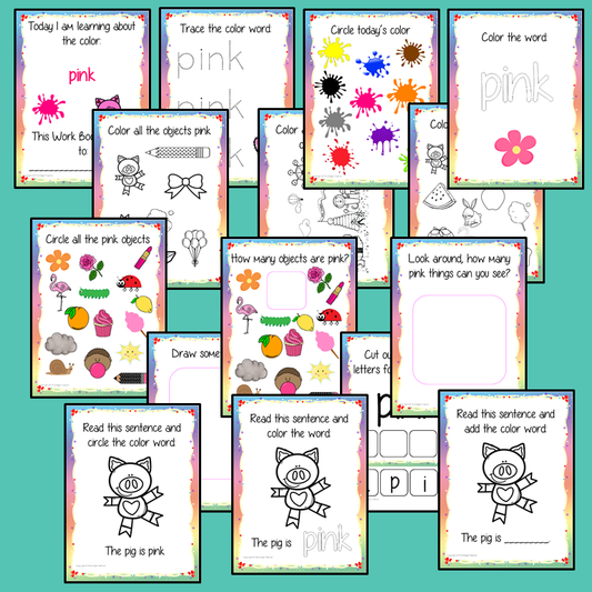Color ‘Pink’ 16 Page Workbook Help your children practice recognizing and writing the color pink, with 15 pages of activities to select and color. The 15 pages contain, object coloring, tracing, spelling the color word and picking out the pink objects. #learncolors #teachcolors