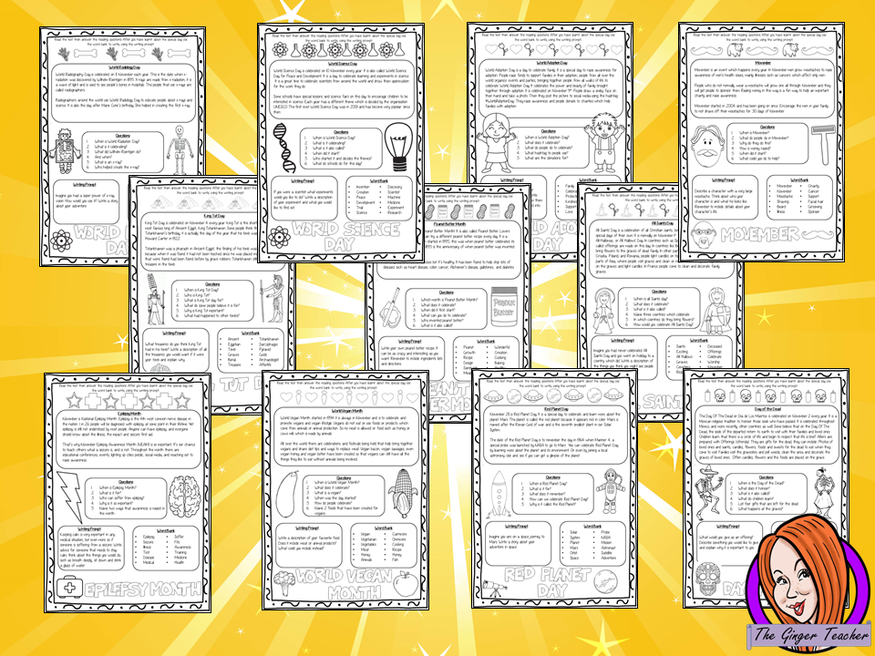 November Writing Prompts and Reading Comprehension Sheets 30 page collection of worksheets gives a writing prompt for November. Sheets have information about the day comprehension questions writing prompts and keywords for writing and discussion worksheets are great to encourage children to think important issues which need awareness such as Epilepsy awareness month and also fun days such as Red Planet Day #teaching #november #winter #awareness #pshe #lessons #classroom #kids #children