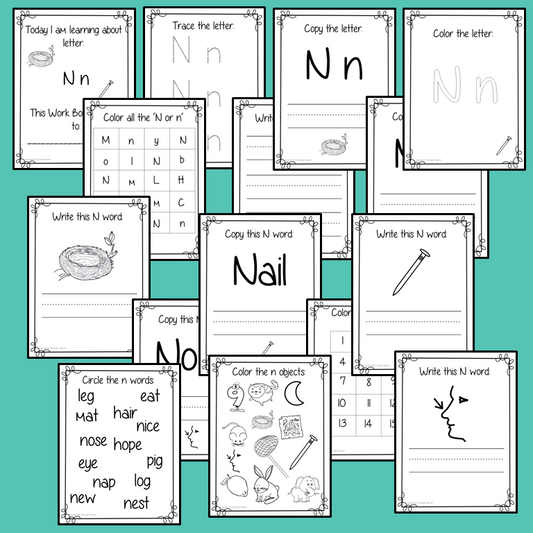 Alphabet Book Letter N Help your children practice recognizing and using N, with 15 pages of activities. The 15 pages contain, copying, tracing, writing, coloring, reading and spotting the letter and sound N