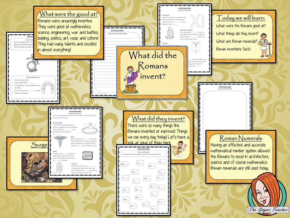 Ancient Romans Inventions Complete History Lesson Teach children about Ancient Romans and their inventions. This download is a complete lesson to teach children about the different inventions of the Ancient Romans. practice using Roman numerals. detailed 28 slide PowerPoint and4 versions of the 6-page worksheet to show understanding an activity to draw a diagram of an Ancient Roman invention. #lessonplanning #ancientromans #romans #teaching #resources #historylessons #historyplanning