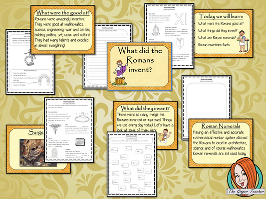 Ancient Romans Inventions Complete History Lesson Teach children about Ancient Romans and their inventions. This download is a complete lesson to teach children about the different inventions of the Ancient Romans. practice using Roman numerals. detailed 28 slide PowerPoint and4 versions of the 6-page worksheet to show understanding an activity to draw a diagram of an Ancient Roman invention. #lessonplanning #ancientromans #romans #teaching #resources #historylessons #historyplanning