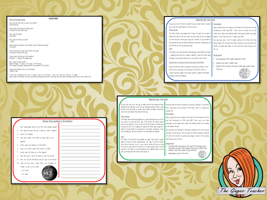 The Moon Reading Comprehension Cards Differentiated reading comprehension cards. Three levels of texts and questions to help children with reading comprehension. This text is on The Moon and has questions to help children understand and draw meaning from the text.