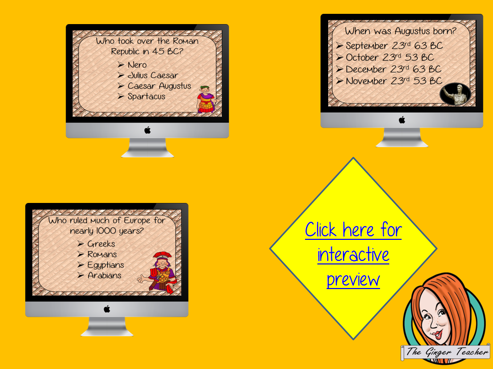 Ancient Roman Empire Revision Questions This deck revises children’s knowledge of Ancient Roman Empire. There are multiple choice revision questions to check children’s understanding. These question cards are self-grading and lots of fun!