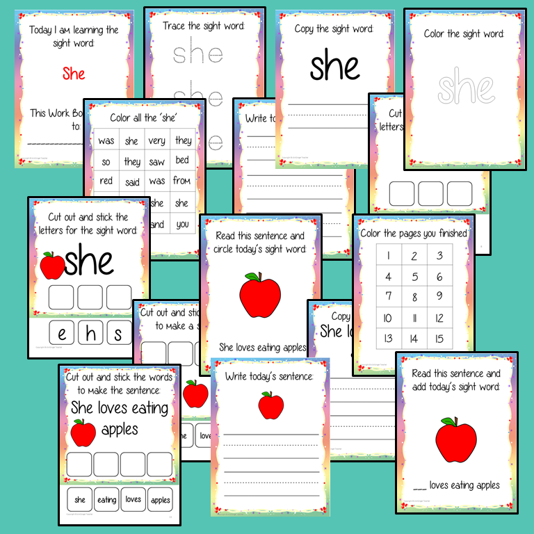 Sight Word ‘She’ 15 Page Workbook Help your children practice their sight words with 15 pages of activities to spell and use the sight word ‘She’ in sentences. The 15 pages contain, handwriting practice, tracing and spelling the word and sentence reading and construction.