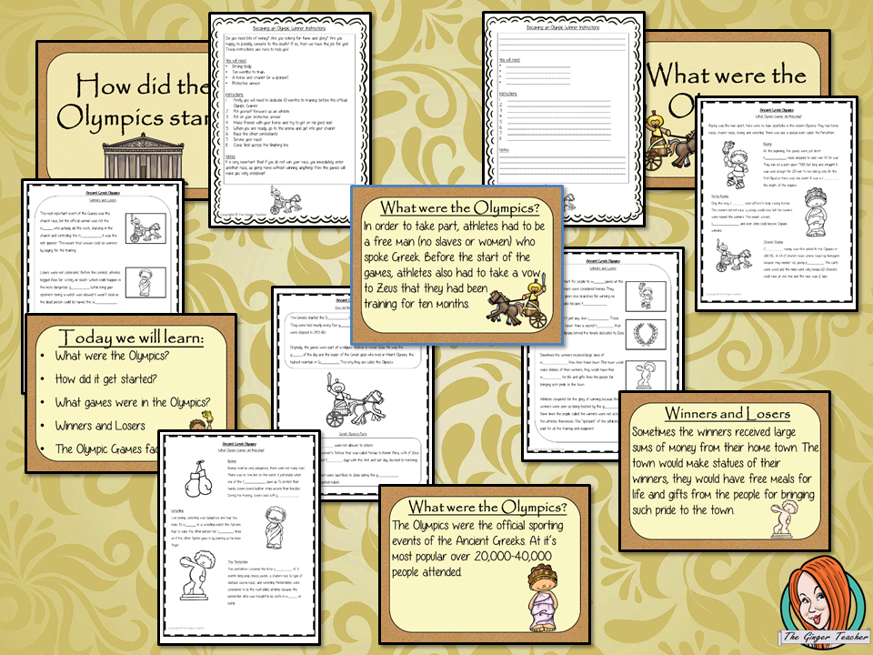 The Ancient Greek Olympics Complete History Lesson Teach children about Ancient Greek Olympic Games. resources lesson to teach children about the types of games how they started and the winners and losers of the Olympics. 34 slide PowerPoint and 4 versions of the 8-page worksheet to show their understanding, along with an activity to write instructions for becoming a winner at The Olympics. #lessonplanning #ancientGreeks #Greeks #teaching #resources #historylessons #historyplanning