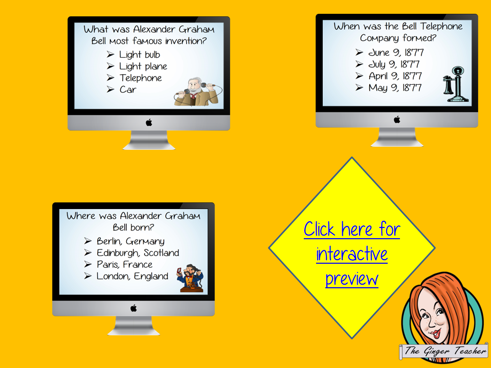 Alexander Graham Bell Revision Questions This deck revises children’s knowledge of Alexander Graham Bell. There are multiple choice revision questions to check children’s understanding. These question cards are self-grading and lots of fun!