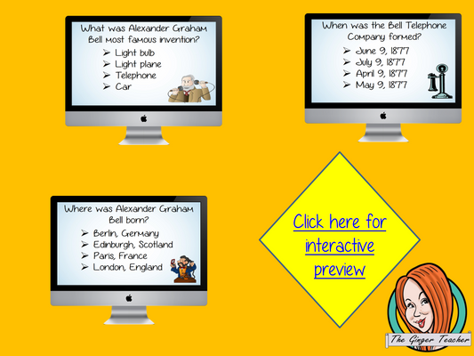 Alexander Graham Bell Revision Questions This deck revises children’s knowledge of Alexander Graham Bell. There are multiple choice revision questions to check children’s understanding. These question cards are self-grading and lots of fun!