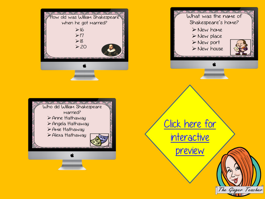 William Shakespeare Revision Questions This deck revises children’s knowledge of William Shakespeare. There are multiple choice revision questions to check children’s understanding. These question cards are self-grading and lots of fun!