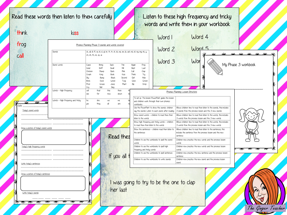 Phonics  Phase 3 Complete Unit of Lessons this download includes three weeks of phonics lessons for phase 3. Fifteen full lessons each with PowerPoints, lesson structure and workbook pages. Tricky sight words and high frequency words are practiced alongside the sounds and sound words. Audio is included in the PowerPoints to allow children to practice writing. Each lesson has silly sentences to make the learning fun. #teaching #phonics #reading #phase3 #jollyphonics #phonicslessons #lessons