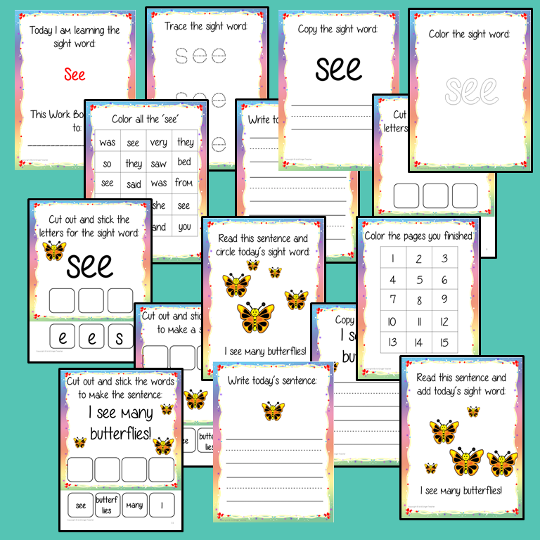 Sight Word ‘See’ 15 Page Workbook Help your children practice their sight words with 15 pages of activities to spell and use the sight word ‘See’ in sentences. The 15 pages contain, handwriting practice, tracing and spelling the word and sentence reading and construction.