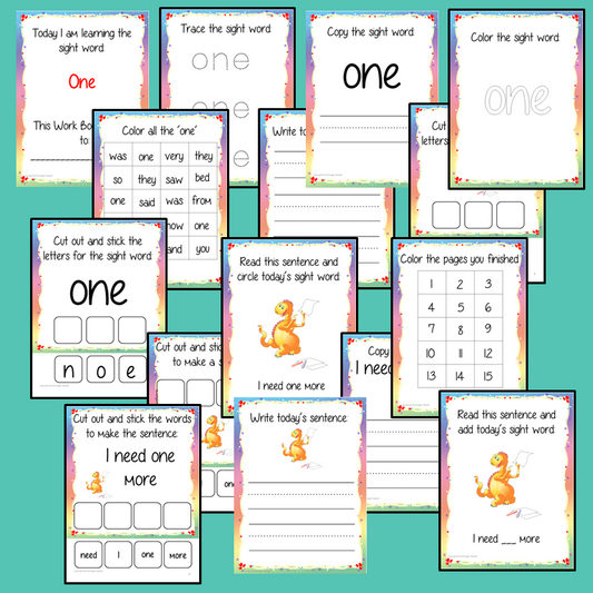 Sight Word ‘One’ 15 Page Workbook Help your children practice their sight words with 15 pages of activities to spell and use the sight word ‘One’ in sentences. The 15 pages contain, handwriting practice, tracing and spelling the word and sentence reading and construction.