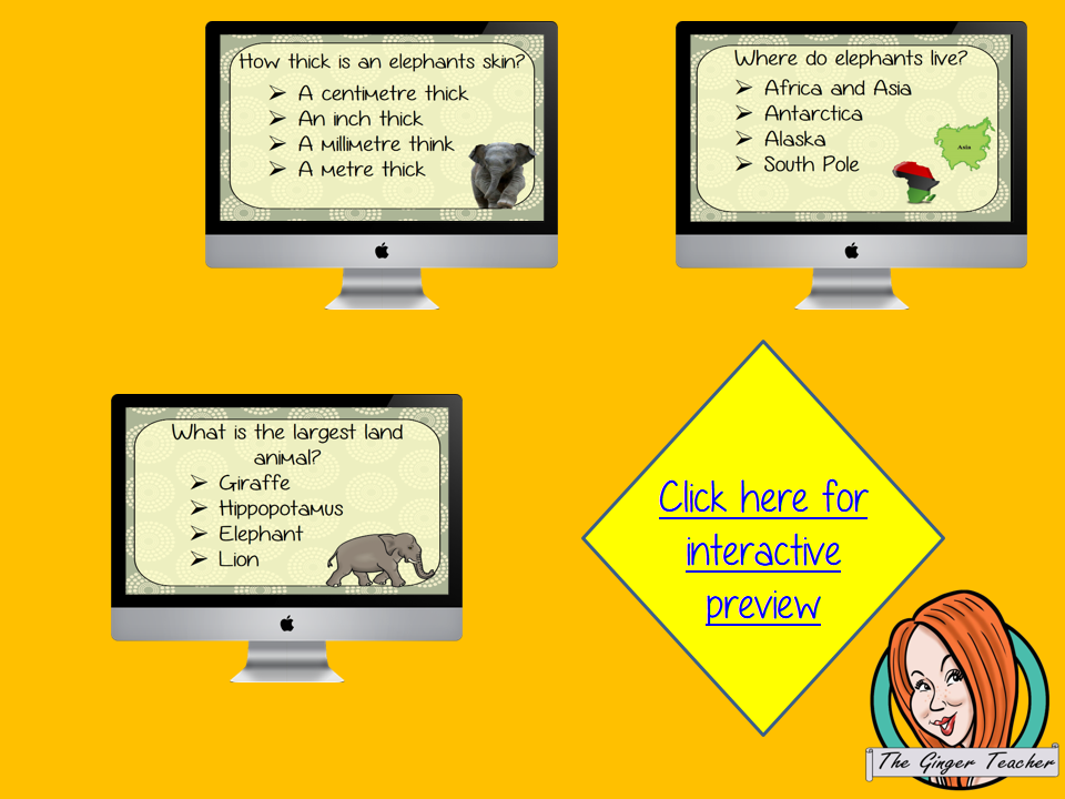 Elephants Revision Questions This deck revises children’s knowledge of Elephants. There are multiple choice revision questions to check children’s understanding. These question cards are self-grading and lots of fun!
