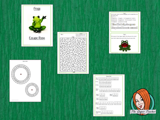 Frogs Escape Room Game Try this escape room style game with your students today! This is a fun game that is perfect for teaching children about Frogs. This game focuses on students finding out facts and information and using these to solve puzzles. This helps them to learn. This activity is great for the beginning of a topic to introduce information or at the end to recap. Students are trying to help an alien understand Frogs and they must solve a series of clues, as well as decode different cip