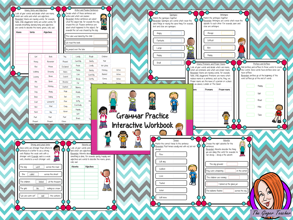 Interactive Grammar Workbook to teach and reinforce grammar principles. 12 page workbook to allow children to practice nouns, pronouns, proper nouns, verbs, adjectives, passive active sentences, synonyms, antonyms, strong and weak verbs, prefixes, suffixes and tenses. This book can be used as individual pages or workbook. Children can cut and stick or if preferred this can use be made into a reusable book. #teaching #grammar #spag #spelling #punctuation #lessons #planning #english