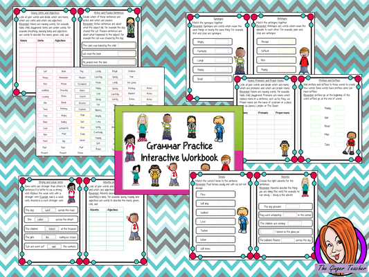 Interactive Grammar Workbook to teach and reinforce grammar principles. 12 page workbook to allow children to practice nouns, pronouns, proper nouns, verbs, adjectives, passive active sentences, synonyms, antonyms, strong and weak verbs, prefixes, suffixes and tenses. This book can be used as individual pages or workbook. Children can cut and stick or if preferred this can use be made into a reusable book. #teaching #grammar #spag #spelling #punctuation #lessons #planning #english