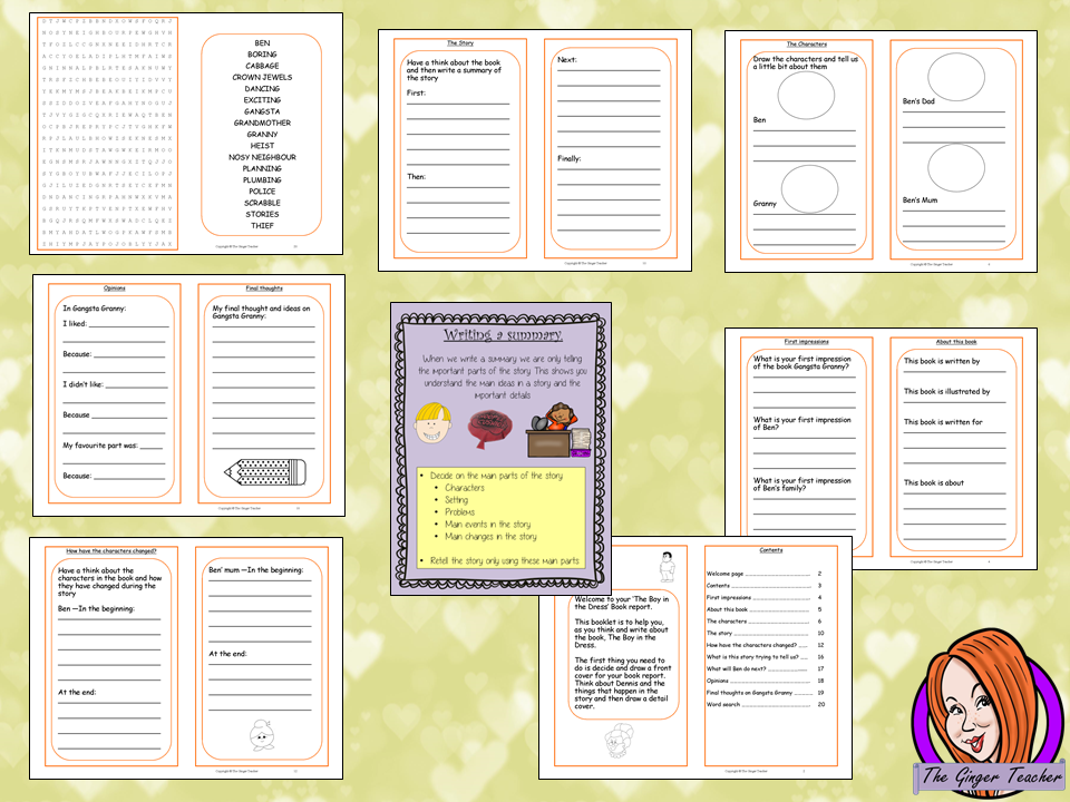 Writing a Book Report; Complete Lesson  – Gangsta Granny. Complete, English lesson on the last (34th) chapter of the book Gangsta Granny by David Walliams. The lesson focuses on how to write a summary and book reports. The lesson uses the events in the chapter, and the book as a whole, as a base. Children will read and discuss the chapter. The class will complete a 22 page booklet on Gangsta Granny to create a Book Report. #lessonplans #bookstudy #teachingideas #readingactivities