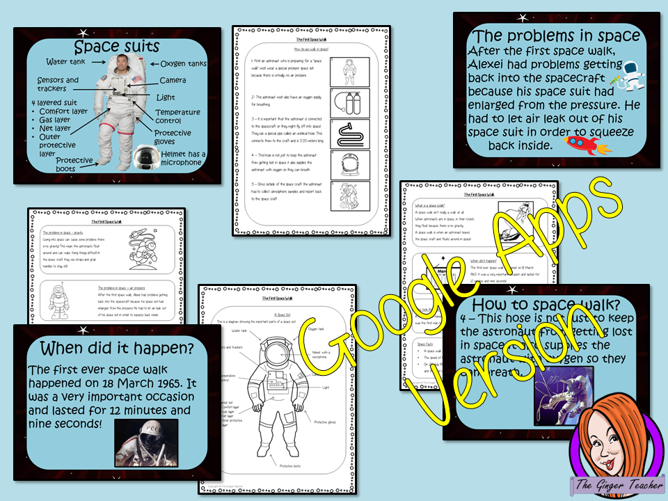Distance Learning, The First Space Walk, Google Slides Lesson The anniversary of the First Spacewalk is the 18th of March! These resources include a complete lesson on the First Spacewalk. There is a detailed 41 slide presentation on the details of the walk and surviving in space. There are also differentiated, 4 page, spacewalk, Google Slides, worksheets to allow children to demonstrate understanding of the first spacewalk. This is the Google Slides version of this lesson!
