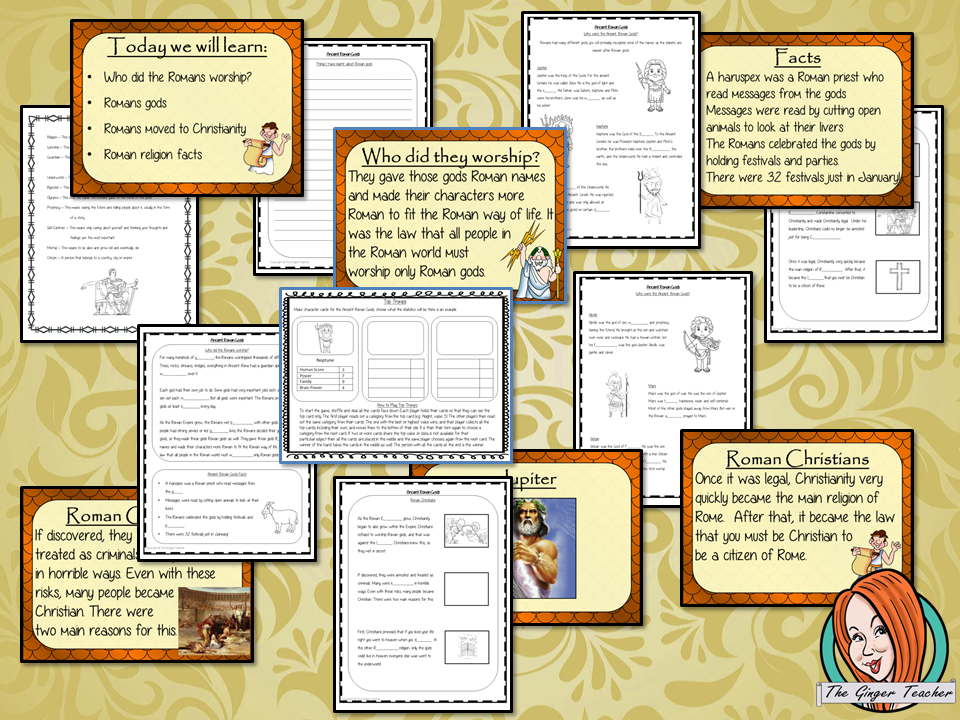 Ancient Roman Religion and Gods Complete History Lesson Teach children about Ancient Roman Religion and gods. The children will learn who the Romans worshipped and how they changed to Christianity. A 30 slide PowerPoint and four versions of the 7-page worksheet to allow children to show their understanding, along with an activity to create fact cards for the gods #lessonplanning #ancientromans #resources #historylessons #historyplanning