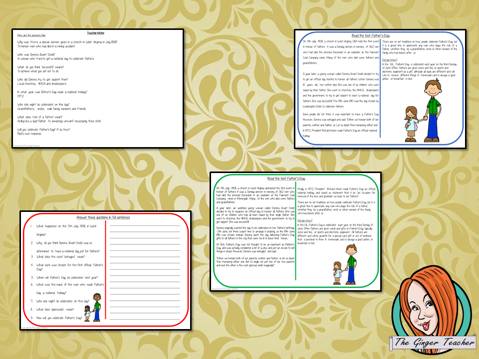 Fathers Day Reading Comprehension Cards Differentiated reading comprehension cards. Three levels of texts and questions to help children with reading comprehension. This text is on Fathers Day and has questions to help children understand and draw meaning from the text.