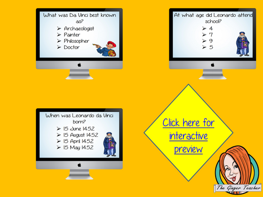 Leonardo da Vinci Revision Questions This deck revises children’s knowledge of Leonardo da Vinci. There are multiple choice revision questions to check children’s understanding. These question cards are self-grading and lots of fun!