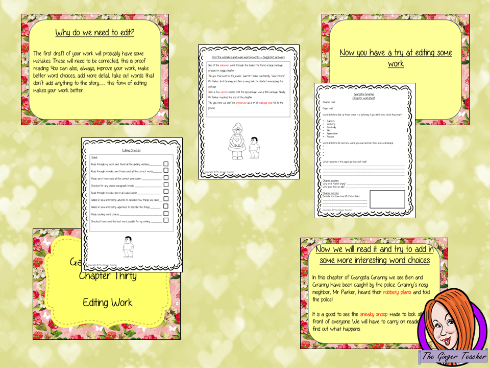 Complete editing lesson on the 30th chapter of Gangsta Granny by David Walliams. Lesson focuses on how to edit work for clarity and to check for errors and to improve writing using the events in the chapter. Children read and discuss the chapter. There is a detailed PowerPoint to ensure understanding in editing writing. The class will edit a prewritten piece and then the children can write and edit their own using the checklist included #lessonplans #bookstudy #teachingideas #readingactivities