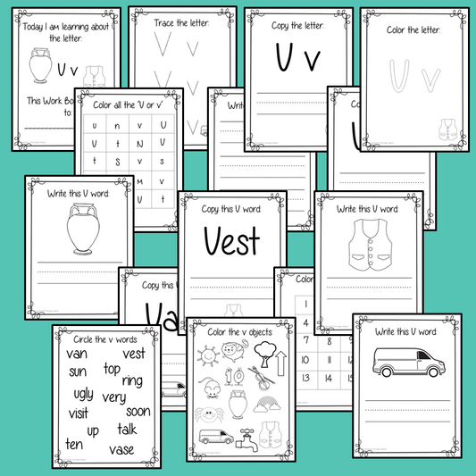Alphabet Book Letter V Help your children practice recognizing and using V, with 15 pages of activities. The 15 pages contain, copying, tracing, writing, coloring, reading and spotting the letter and sound V